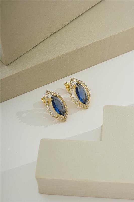 BRINCO FORMATO NAVETE COM PEDRA AZUL - BRF-02247