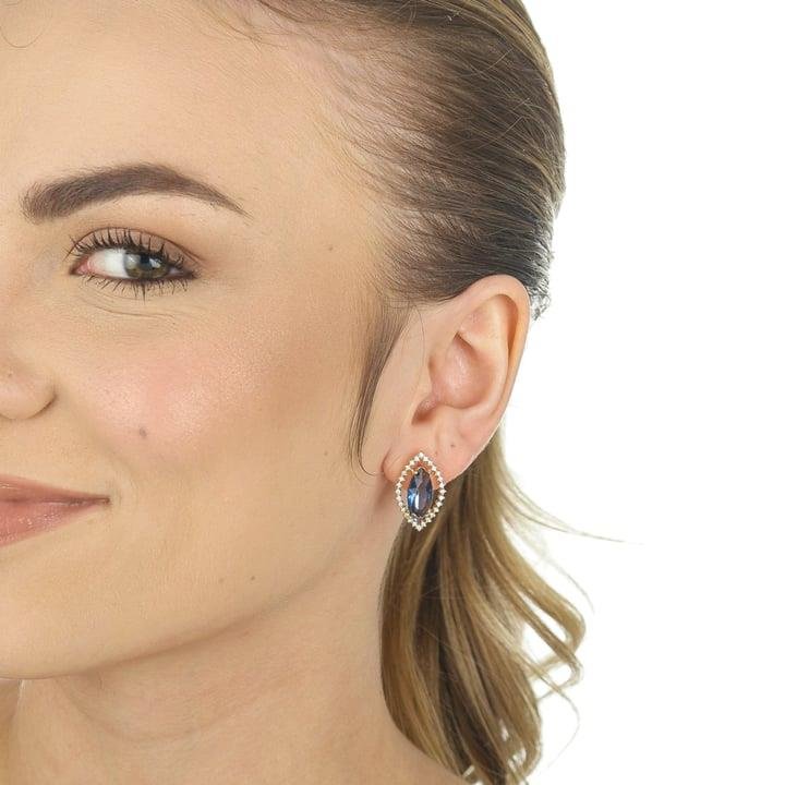 BRINCO FORMATO NAVETE COM PEDRA AZUL - BRF-02247