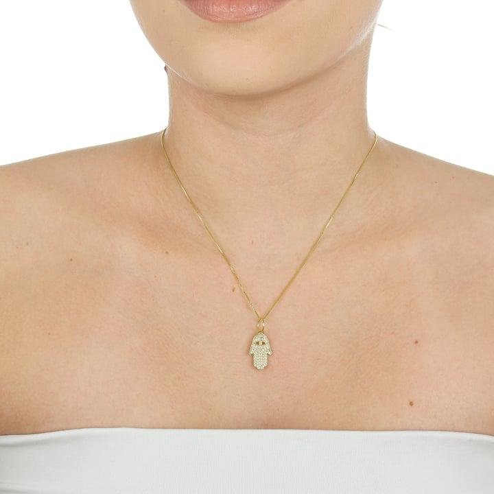 PINGENTE 2CM MÃO DE FÁTIMA CRAVEJADA E COM OLHO GREGO