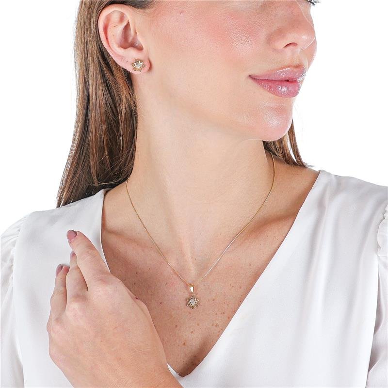 CONJUNTO DELICADO DE FLOR COM MICROZIRCÔNIAS E 6 PETÁLAS